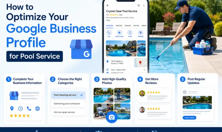 Promotional banner showing how to optimize a Google Business Profile for pool services, with a smartphone profile mockup and a pool technician by a pool.