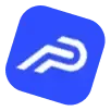Blue rounded-square app icon with a white abstract swoosh logo.