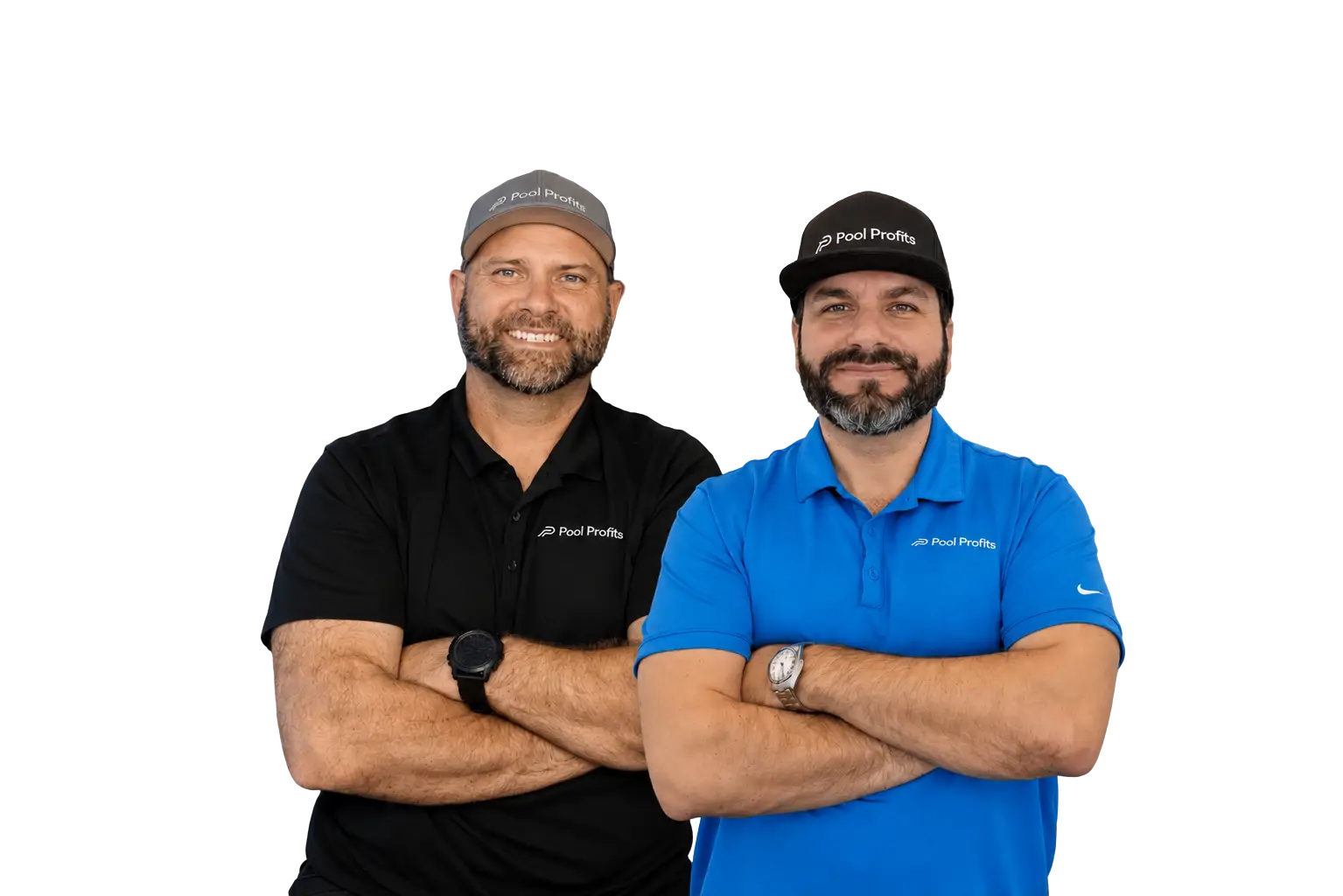 Two men with arms crossed, wearing Pool Profits branded polo shirts and caps, smiling against a black background.