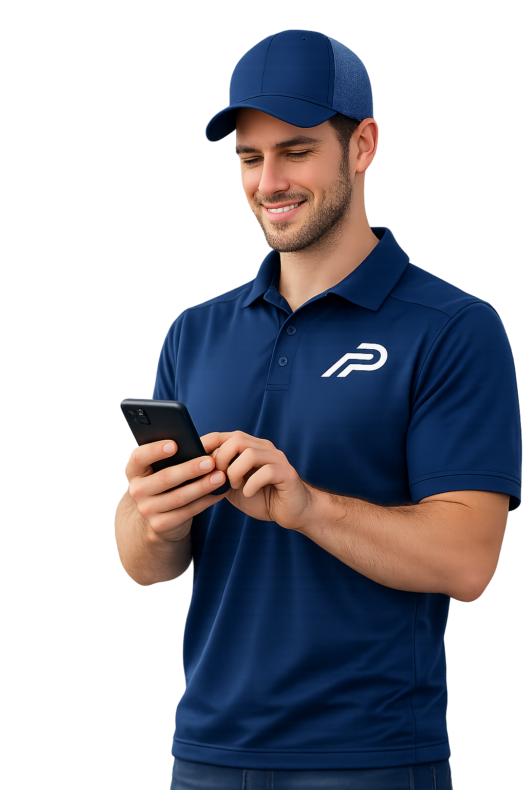 Smiling man in a blue polo and cap looking at and using his smartphone.