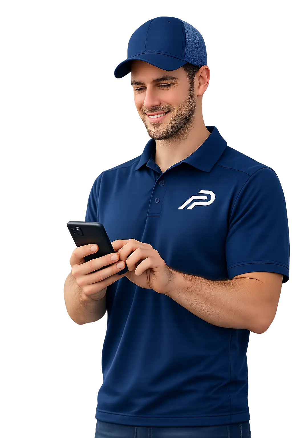Smiling man in a blue polo and cap looking at and using his smartphone.