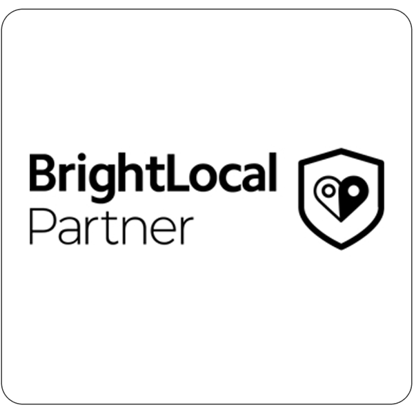 BrightLocal Partner logo with a shield emblem featuring a location pin inside the shield.