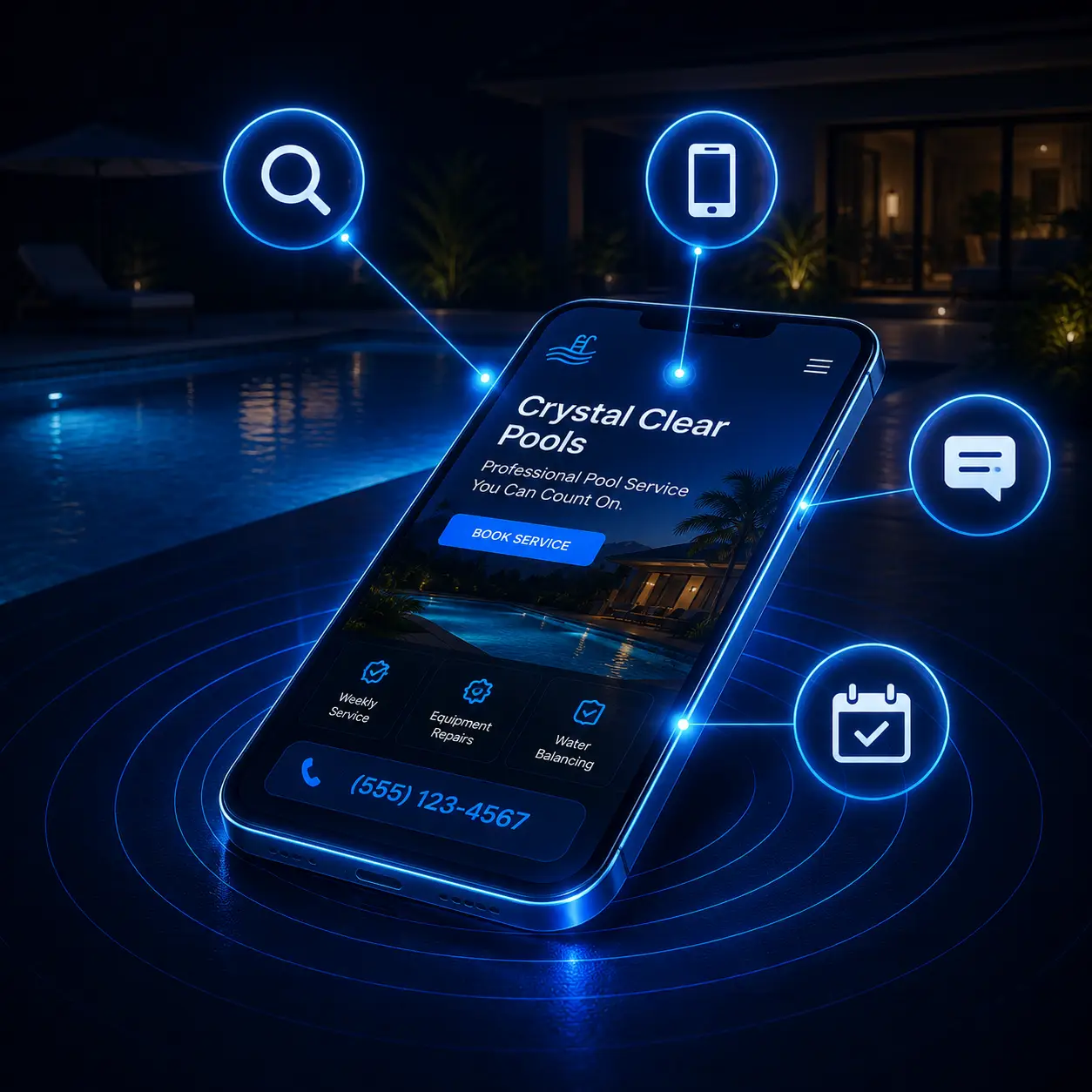 Night-time scene of a smartphone displaying a pool-services app with glowing blue icons for search, chat, and booking linked to the screen.