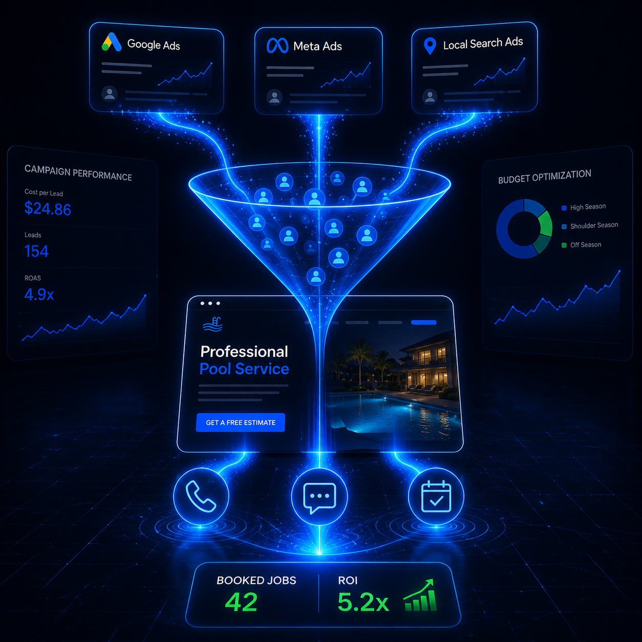 Neon blue marketing funnel diagram routing leads from Google, Meta, and Local Ads into a pool-service landing page with performance dashboards and icons—the composition resembles an infographic.