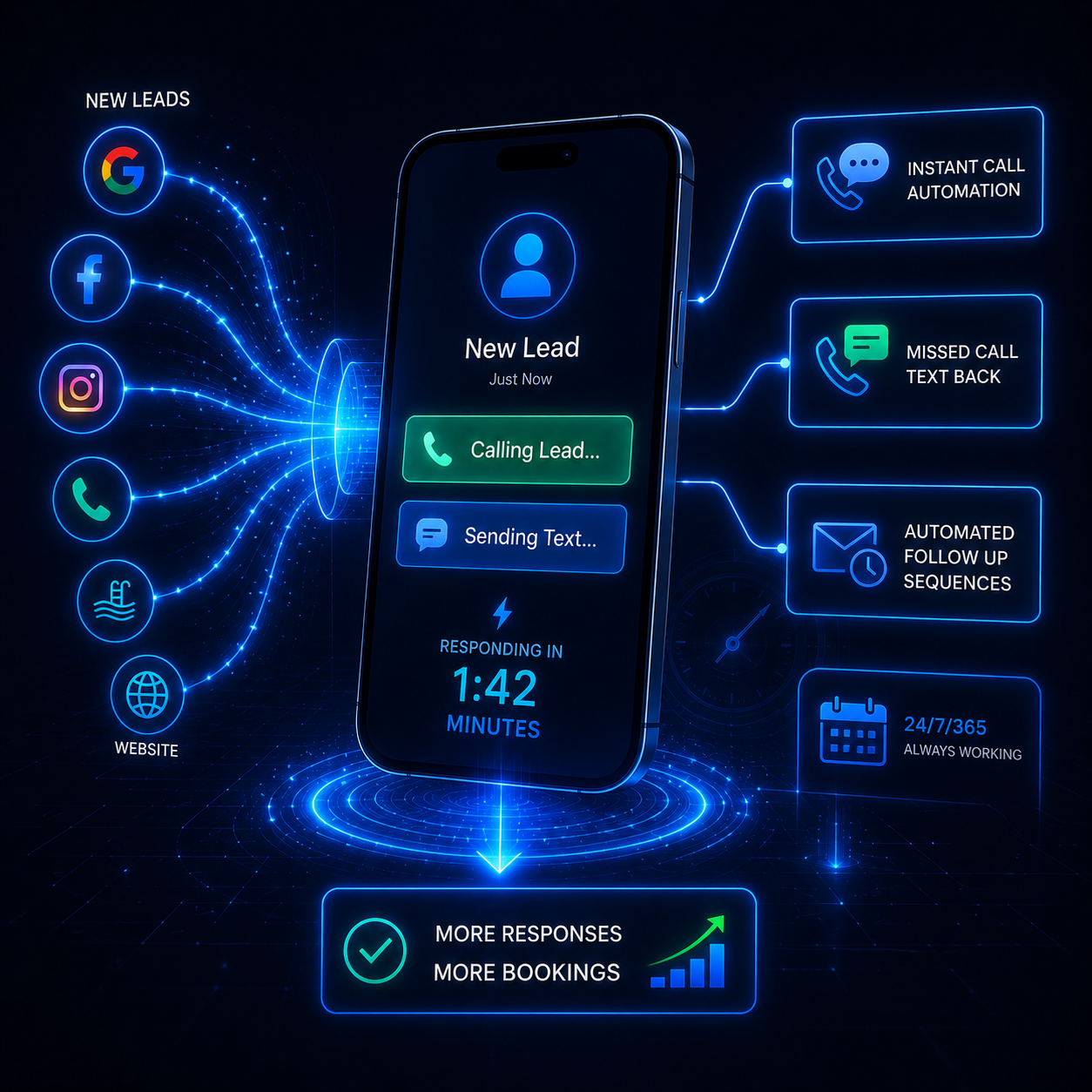 Futuristic smartphone UI showing a new lead with automated calling and texting options, surrounded by neon social icons on the left and automation panels on the right.