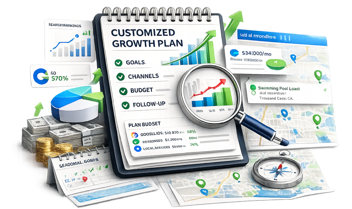 Customized Growth Plan notebook with checkmarks for goals, channels, budget, and follow-up, plus rising graphs and a magnifying glass highlighting data