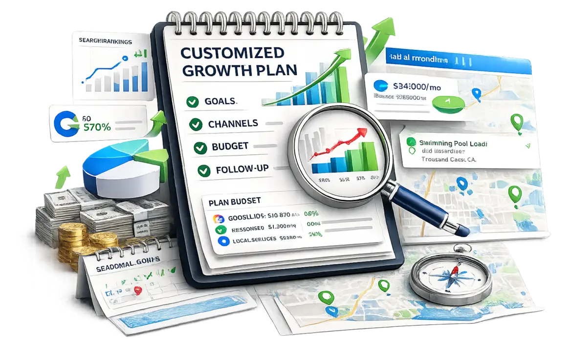 Customized Growth Plan notebook with checkmarks for goals, channels, budget, and follow-up, plus rising graphs and a magnifying glass highlighting data