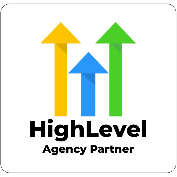 HighLevel Agency Partner logo showing three upward arrows (yellow, blue, green) with bold branding text.