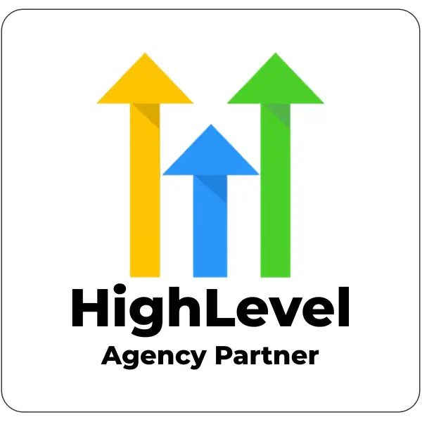 HighLevel Agency Partner logo showing three upward arrows (yellow, blue, green) with bold branding text.