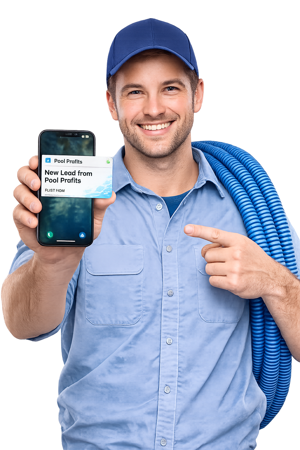 Pool technician in a blue cap and shirt smiles while showing a phone screen that reads 'New Lead from Pool Profits' with a blue coiled hose over his shoulder.