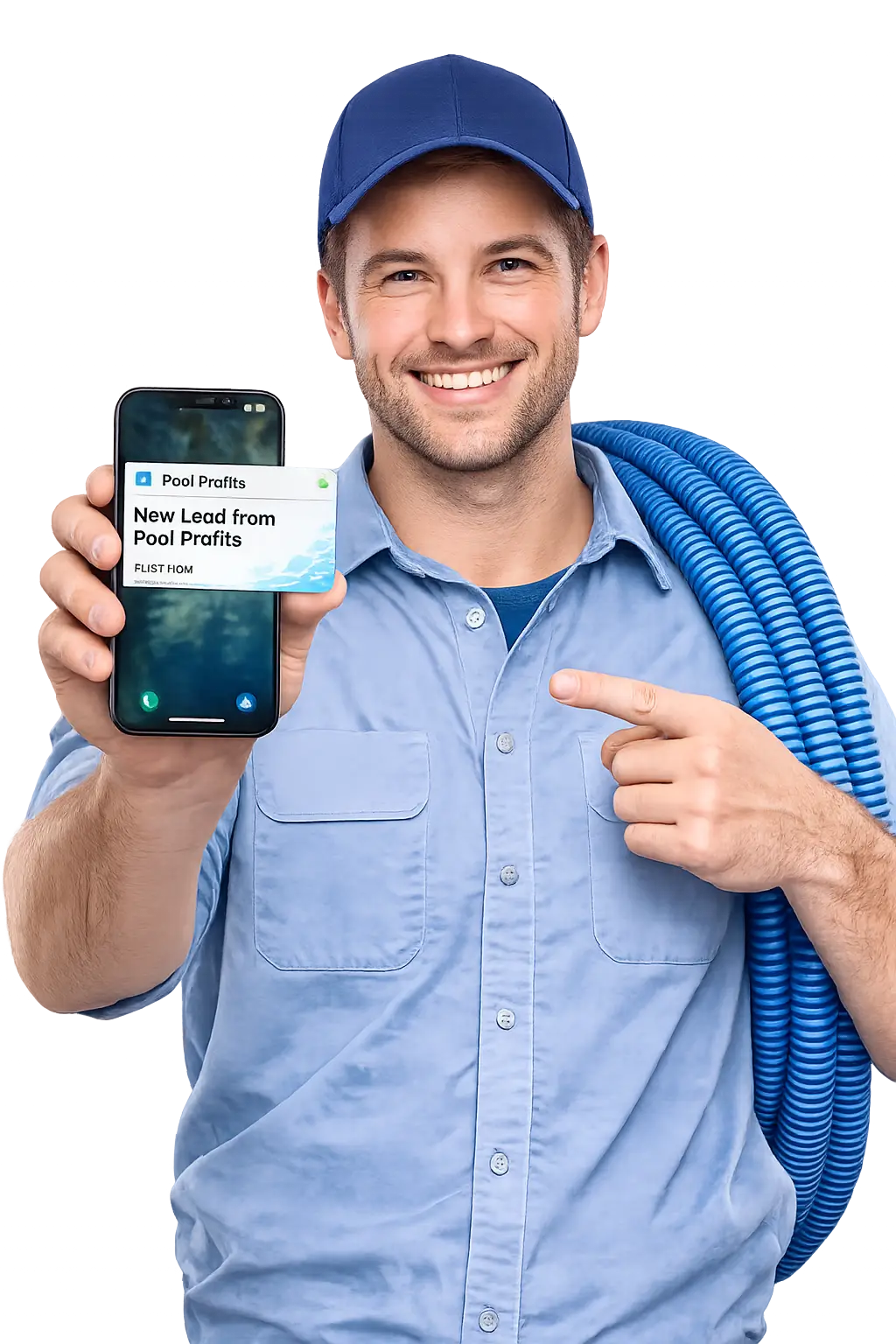 Pool technician in a blue cap and shirt smiles while showing a phone screen that reads 'New Lead from Pool Profits' with a blue coiled hose over his shoulder.