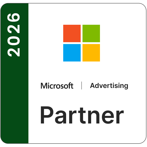 Microsoft Advertising Partner badge for 2026: white square with a vertical green strip on the left labeled 2026, Microsoft four-square logo, 'Microsoft Advertising' text, and large 'Partner' word indicating partnership.