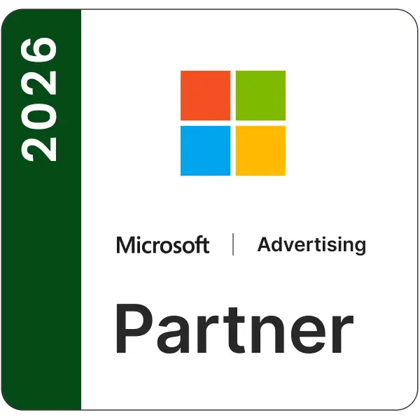 Microsoft Advertising Partner badge for 2026: white square with a vertical green strip on the left labeled 2026, Microsoft four-square logo, 'Microsoft Advertising' text, and large 'Partner' word indicating partnership.
