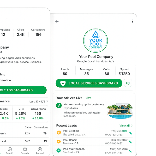 Mobile app dashboard for Your Pool Company showing metrics (Leads, Messages, Calls) and a green LOCAL SERVICES DASHBOARD button with company logo at top and live ads section below