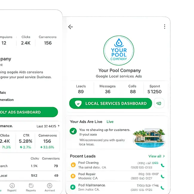 Mobile app dashboard for Your Pool Company showing metrics (Leads, Messages, Calls) and a green LOCAL SERVICES DASHBOARD button with company logo at top and live ads section below