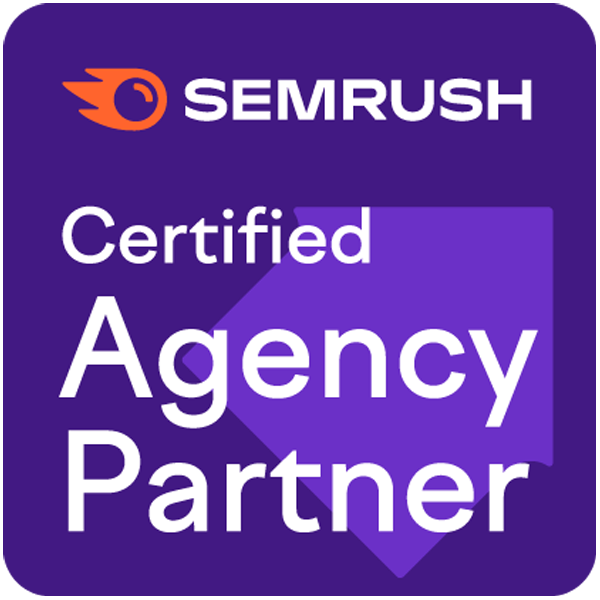 SEMrush Certified Agency Partner badge on a purple background with an orange logo
