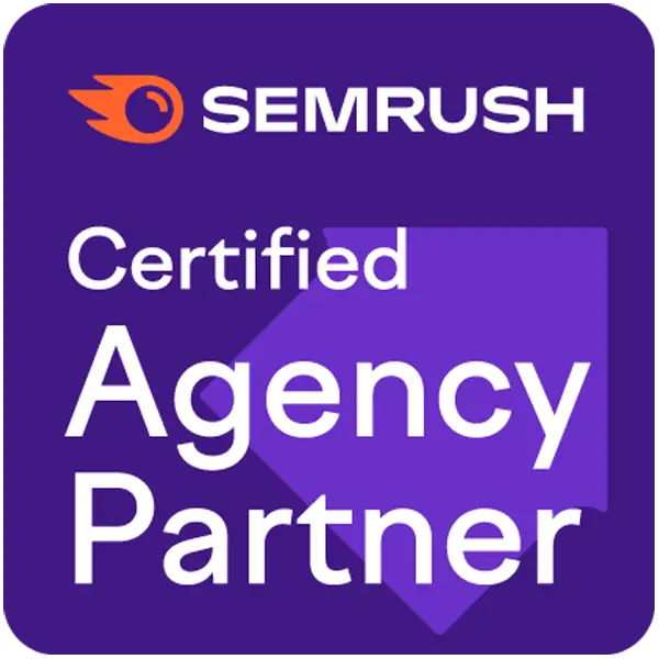 SEMrush Certified Agency Partner badge on a purple background with an orange logo