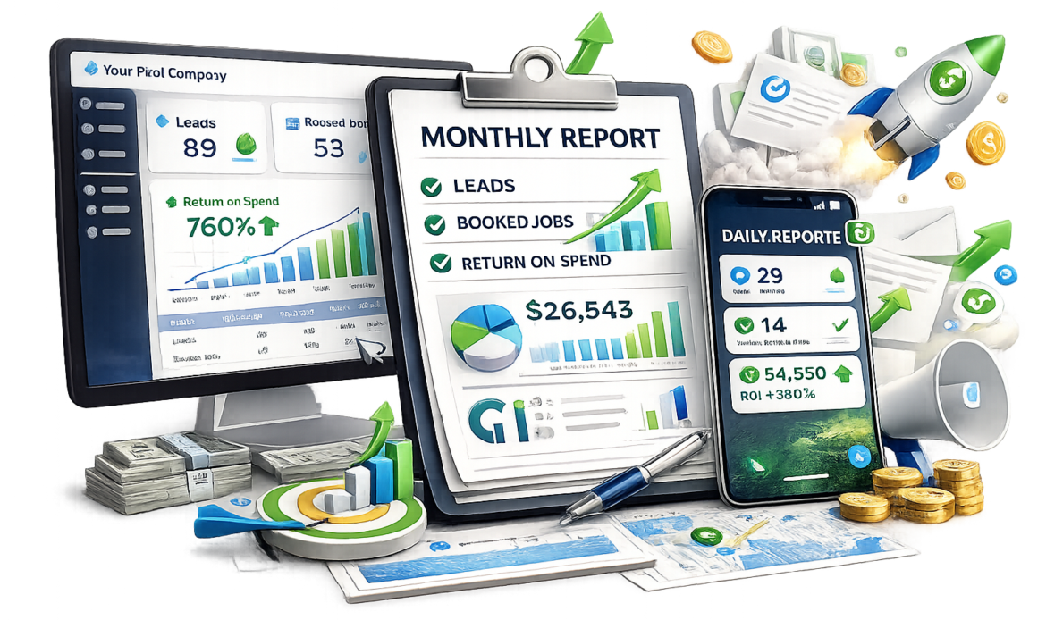 MONTHLY REPORT document with checkmarks and a green upward arrow beside bar charts showing leads and spend metrics.