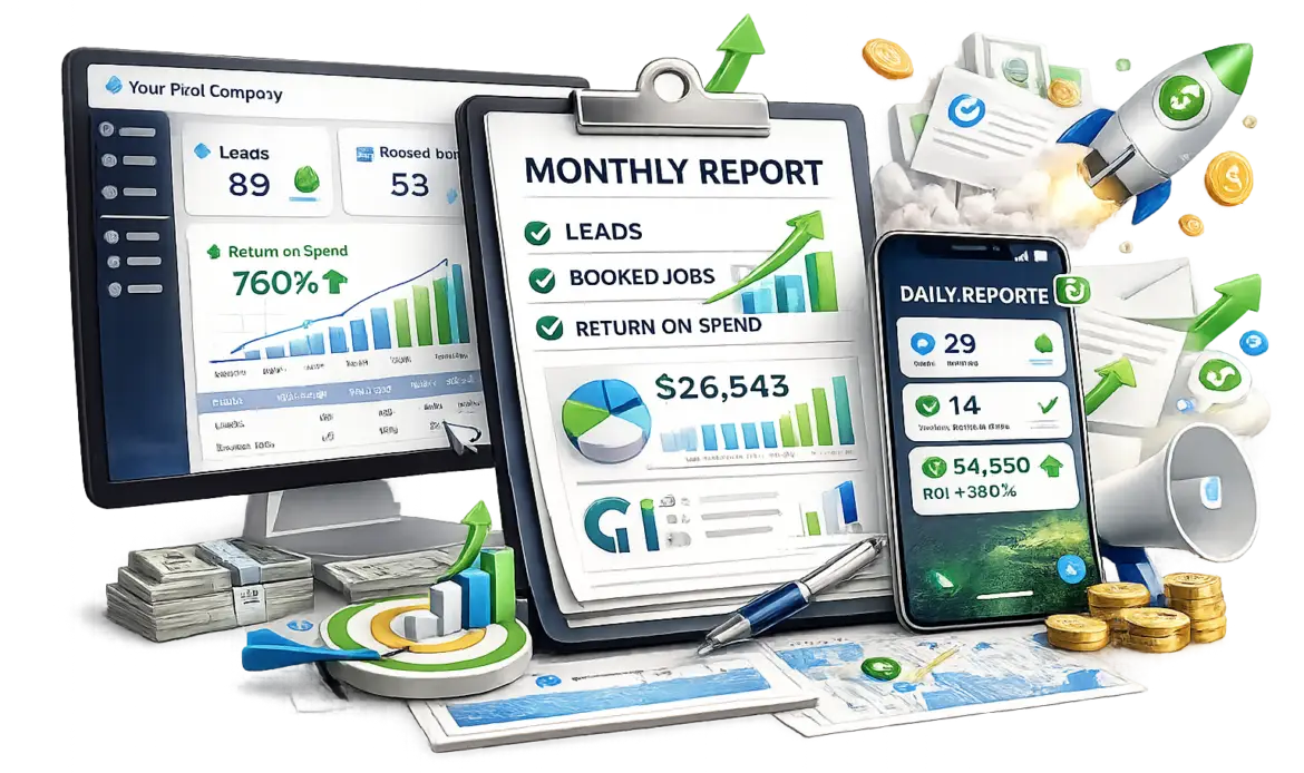 MONTHLY REPORT document with checkmarks and a green upward arrow beside bar charts showing leads and spend metrics.