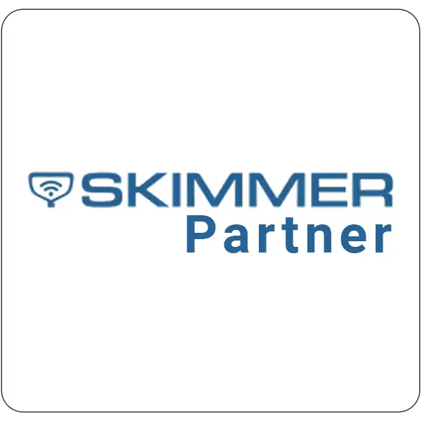 SKIMMER Partner logo in blue on a white background, with a small icon to the left of the wordmark.