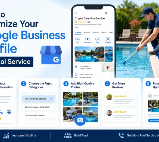 Promotional banner showing how to optimize a Google Business Profile for pool services, with a smartphone profile mockup and a pool technician by a pool.