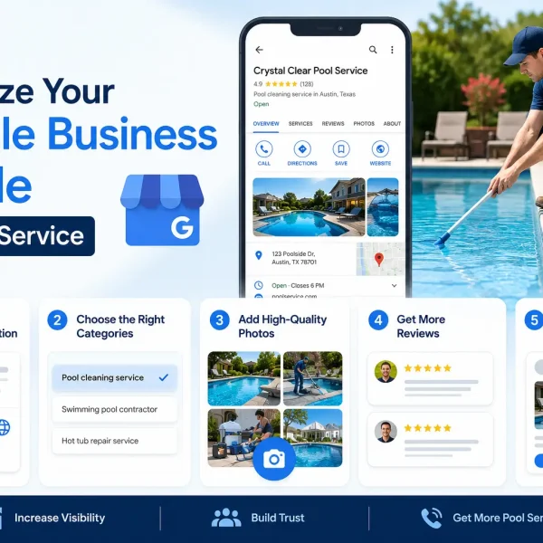 Promotional banner showing how to optimize a Google Business Profile for pool services, with a smartphone profile mockup and a pool technician by a pool.