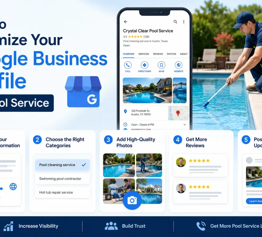 Promotional banner showing how to optimize a Google Business Profile for pool services, with a smartphone profile mockup and a pool technician by a pool.